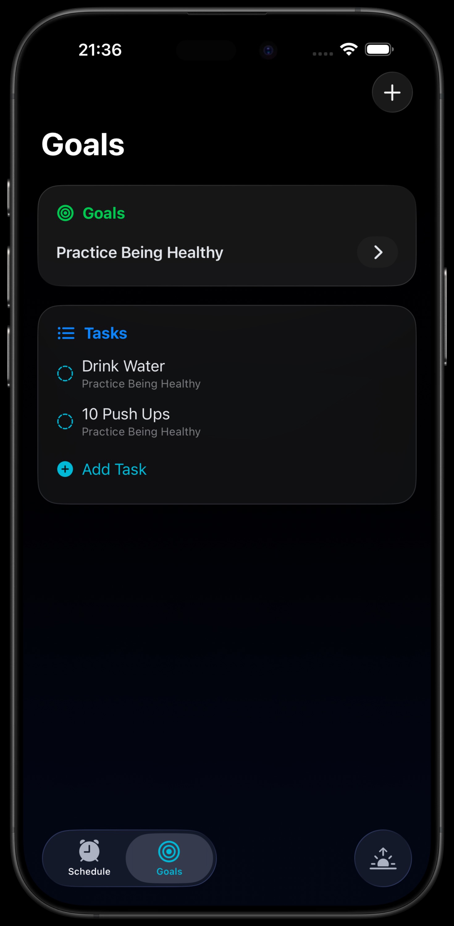 The Goals View within the Morning Club App showcasing a users goals and morning routine.